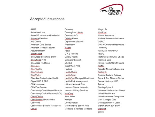 Insurance List Orthopaedic Center